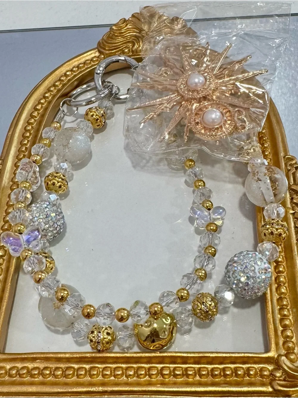 New Gold and Clear Beaded Phone Chain with Crystal Accents and Pearls